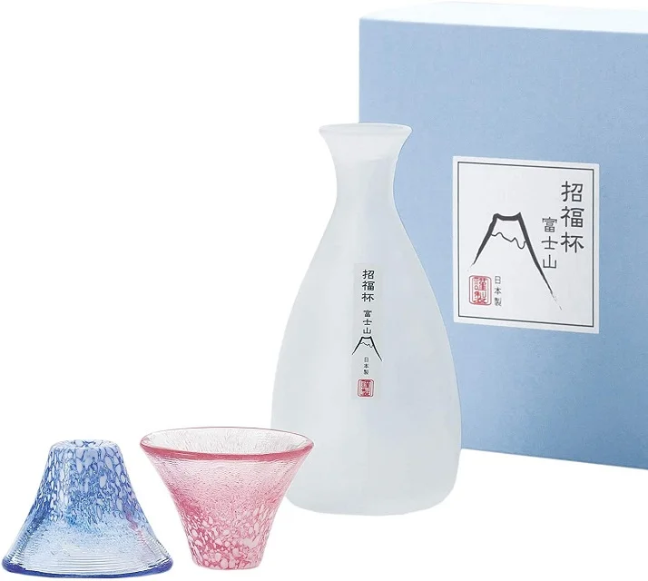 TOYO SASAKI GLASS hand made Mt. Fuji glass blue red white set. 35429