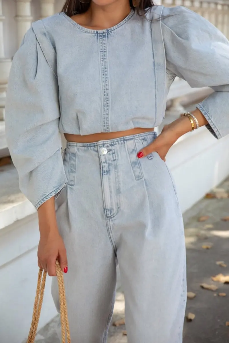 
High Quality Stylish Blue Denim Puff Sleeve Voluminous Crop Top Blue Jean Jacket Set Outfit 