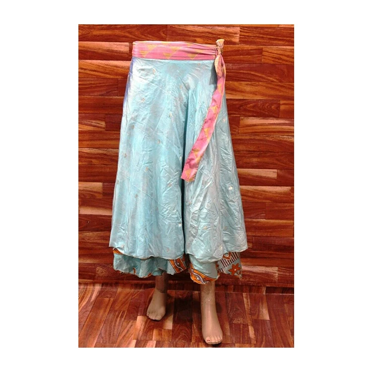 Vintage Recycled Silk Sari Floral Printed Wrap Around Skirts with Belt Long Summer Beach Wear Skirts for Women and Girls