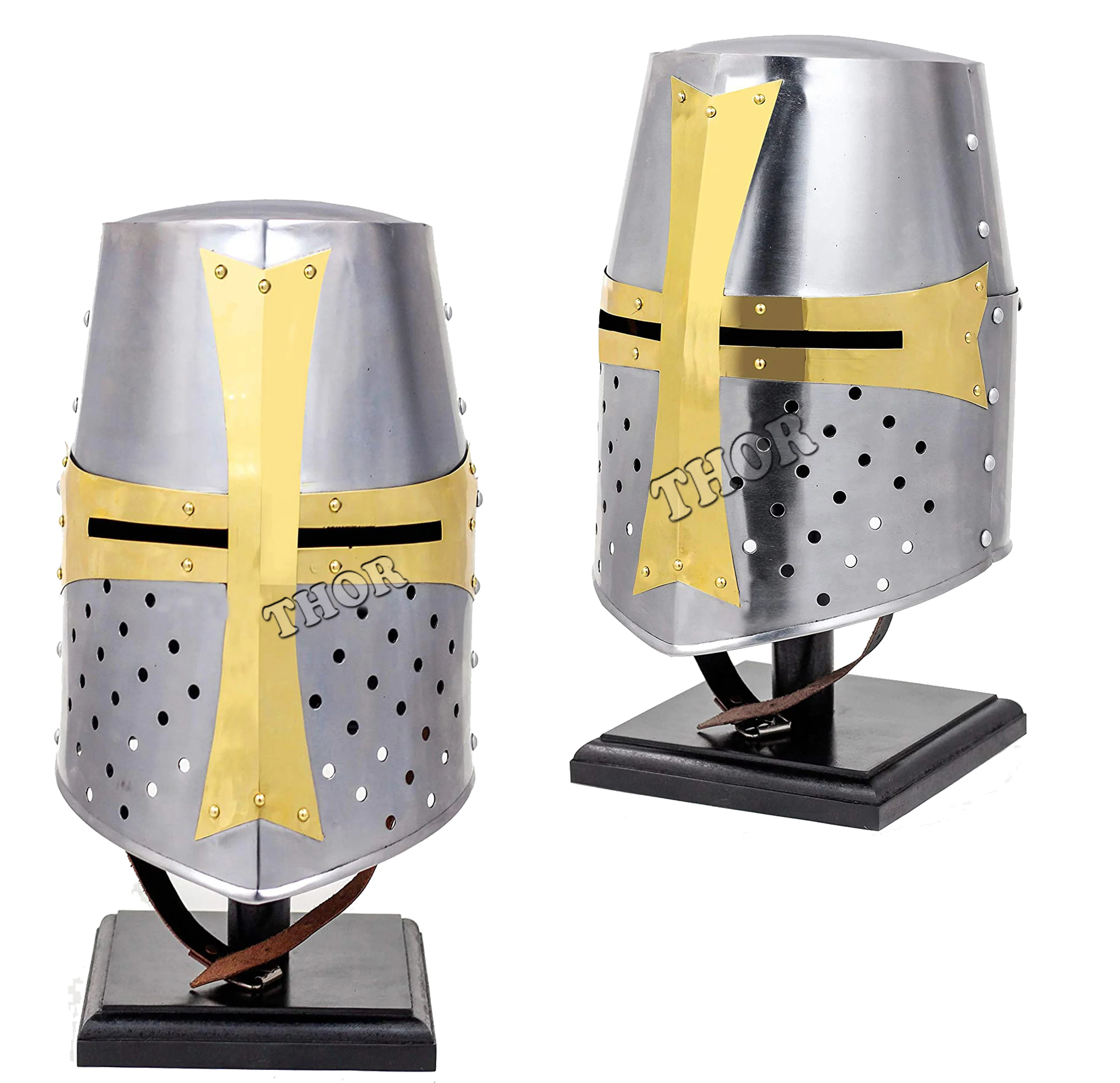Nickle Templar Armor  Premium  Brass Cross Helmet | Props & Head Wear Larpers Helmet  W/Wooden Stand
