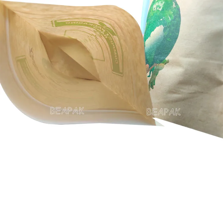 
Biodegradable kraft paper/mylar transparent heat seal resealable stand up pouches 