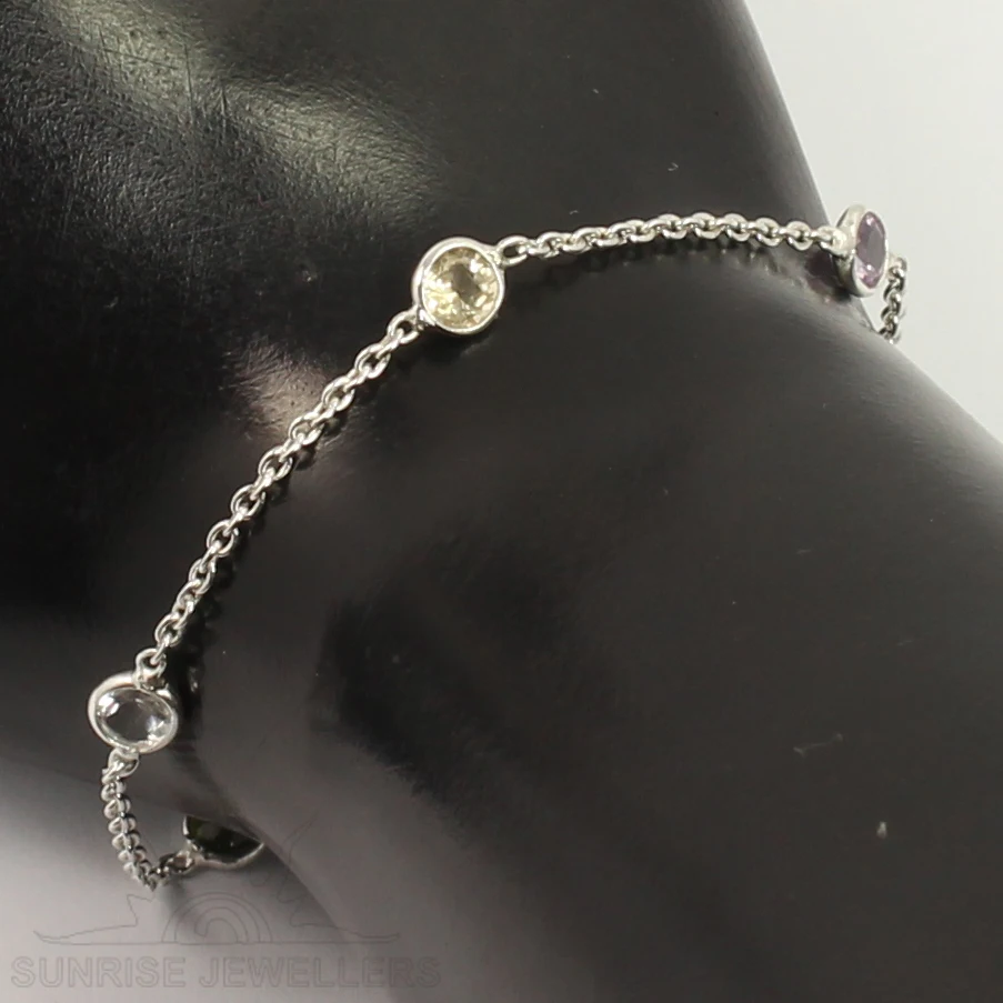 Peridot, Crystal Quartz, Citrine, Amethyst, Garnet Bezel Chain Bracelet Solid 925 Sterling Silver Women Fashion Jewelry