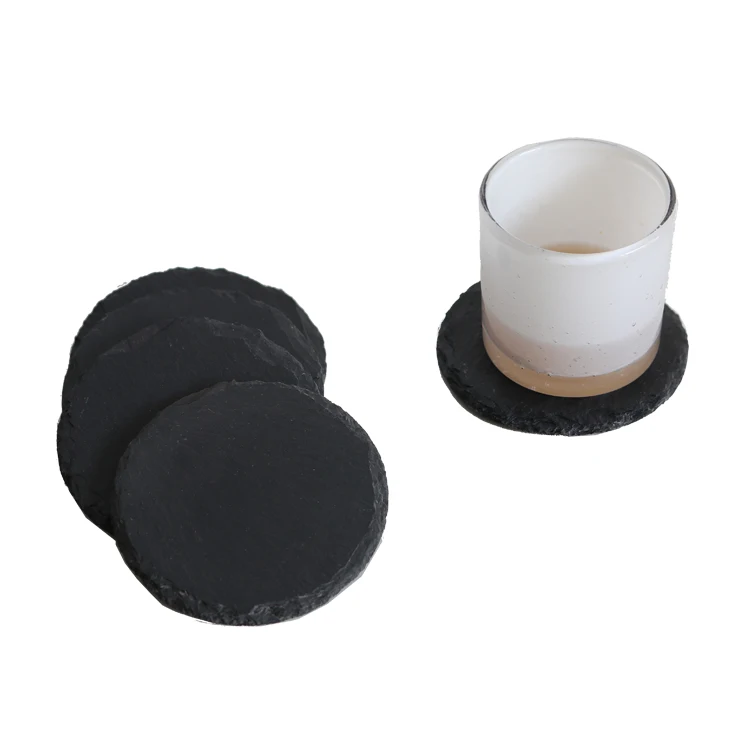 Set of 5 Round Black Natural Rough Edge Slate Stone Drink Coasters for Bar and Home