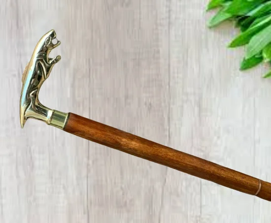 BRAND NEW BRASS JAGUAR HANDLE WOODEN WALKING STICK CANE ~ SOLID BRASS HANDLE WOODEN FOLDABLE BROWN STICK
