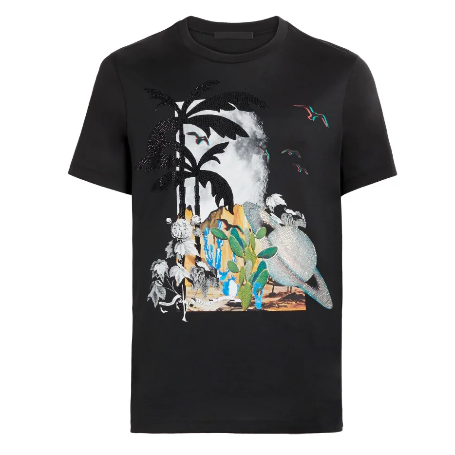 2022 Spring Summer 100% Cotton T shirt Knitted Blue Color Men Paisley Printed Jersey T-shirt For Man From Bangladesh