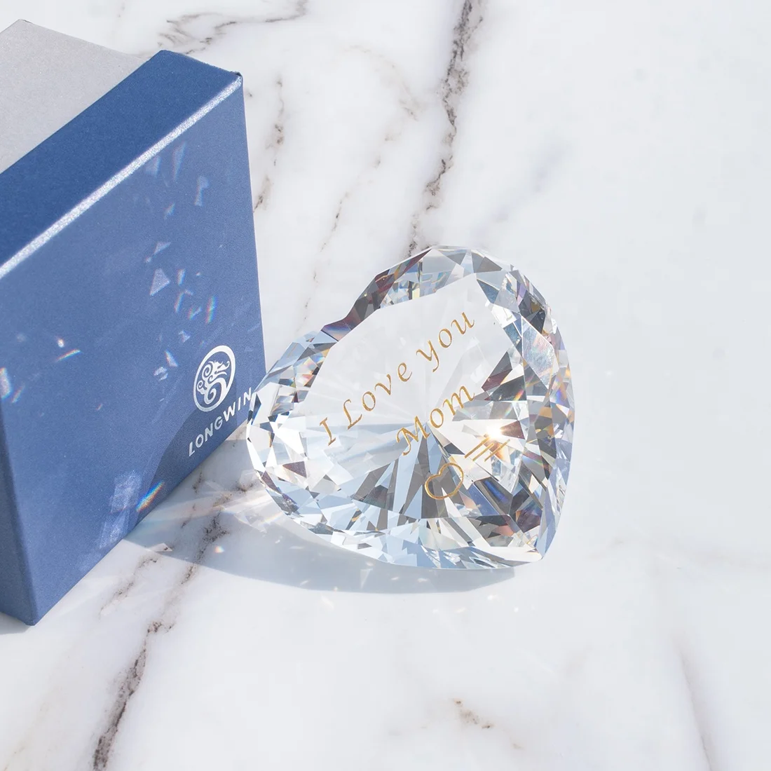 90mm rainbow crystal glass diamond heart with custom engrave wedding ornament home decor