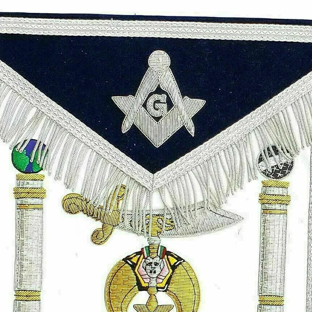 Masonic Shrine apron with gold and silver bullion with navy blue velvet and backing with navy blue backing with pocket