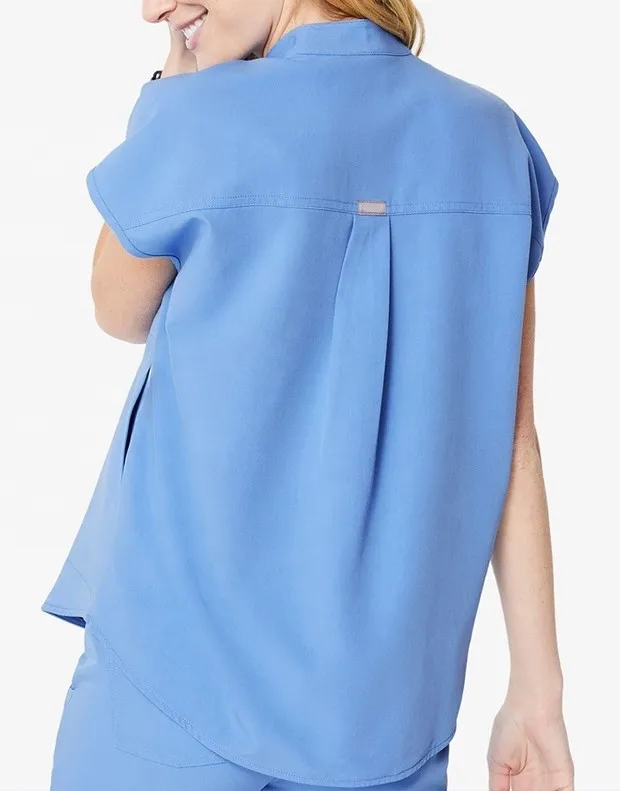 One Button Placket Mandarin Collar Drop-Shoulder Silhouette Comfy Nursing Women Scrubs Tops Uniform