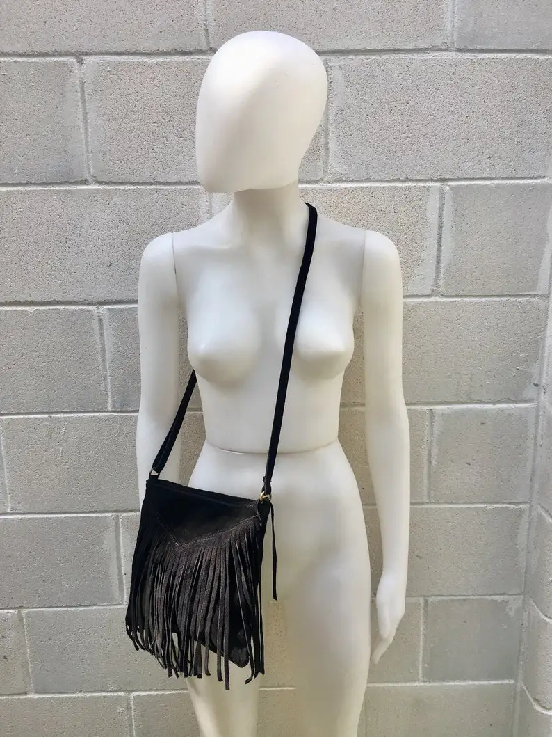 Cross body bag for Women Boho suede leather Bag in Black with Fringe for Wholesale. Messenger Bag in Soft Genuine Suede Leather