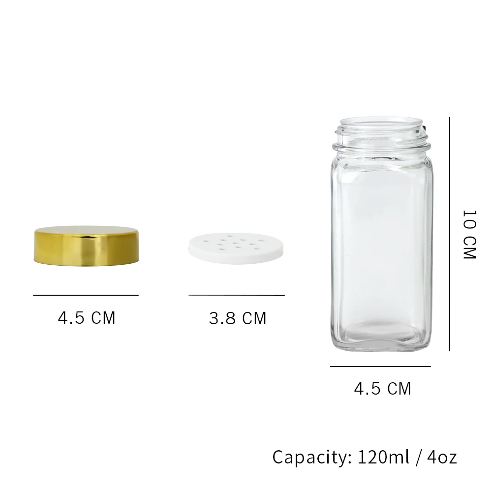 HNA Taiwan Made Stylish 4 oz Empty Square Glass Spice Jar Bottle with Gold Lid