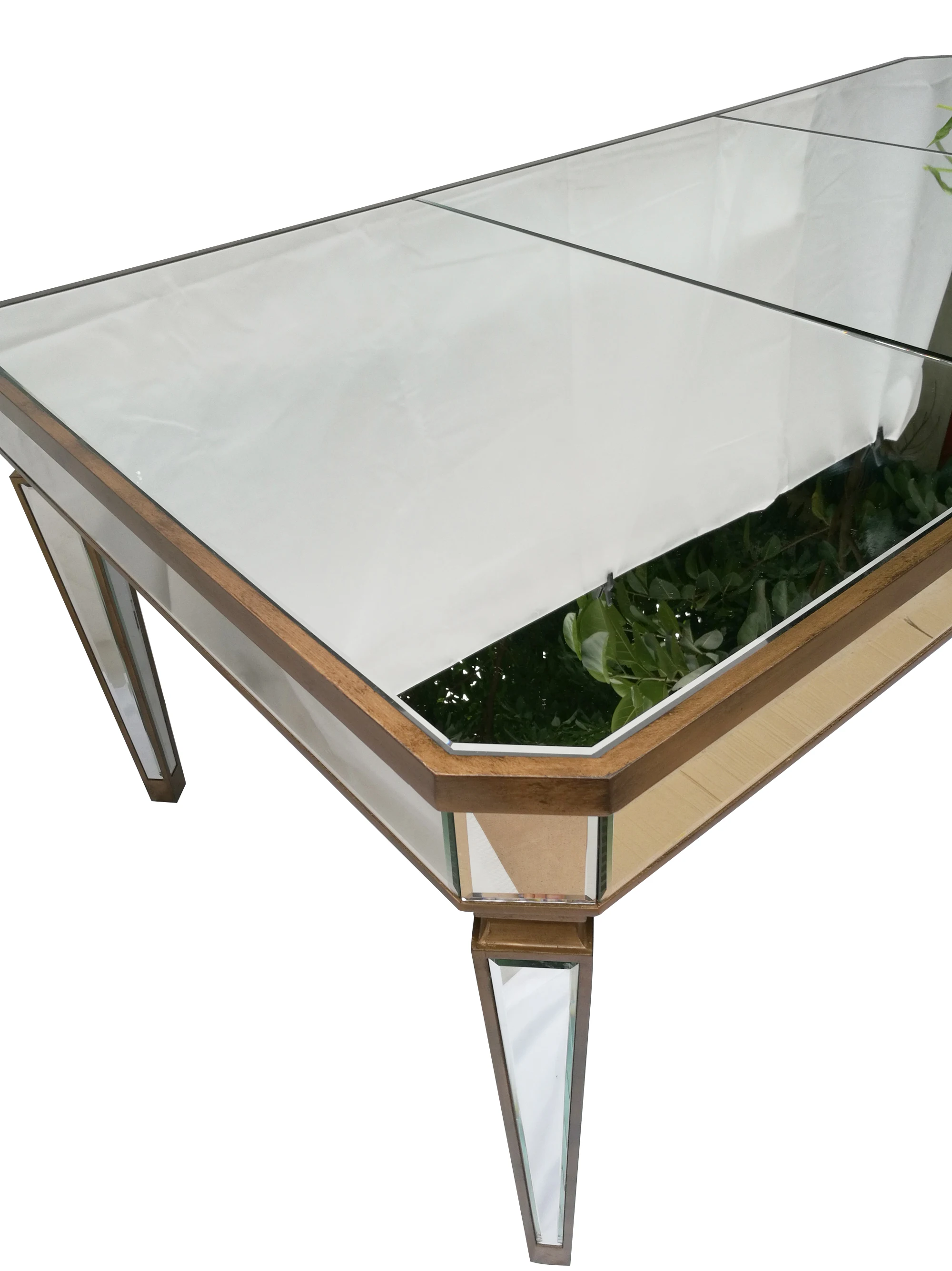  Новое поступление заводская цена на 12 человек античное золото деревянная обрезка прямоугольная зеркальная мебель для праздника свадьбы обеденного стола