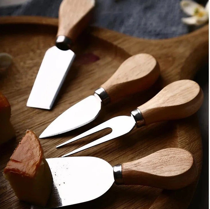 Personalised Custom Logo Stainless Steel Acacia Wooden Handle 4 Pcs Cheese Knife Set