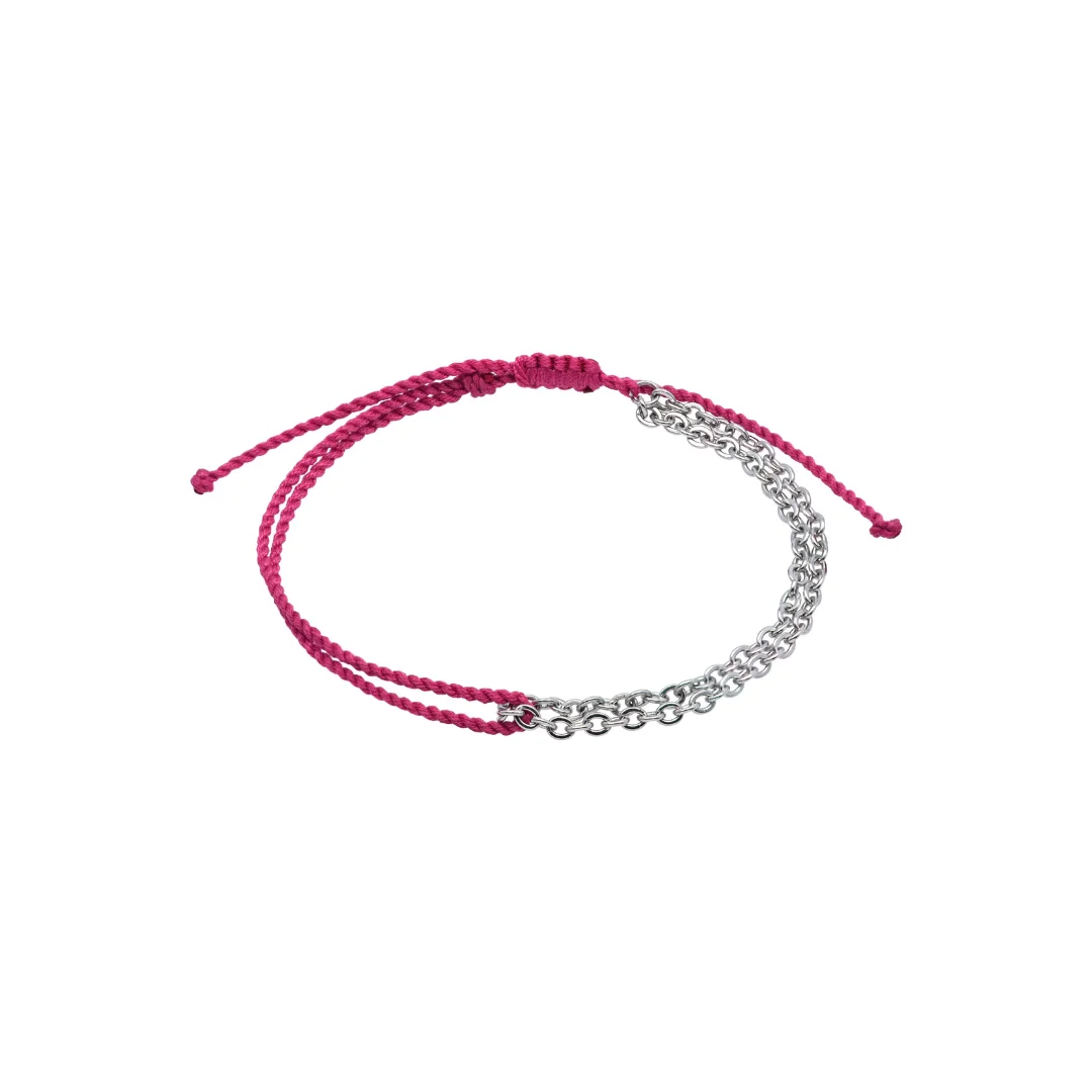 BRACELET WITH SILVER COLOR STAINLESS STEEL  CHAIN AND HANDTWISTED COTTON STRING