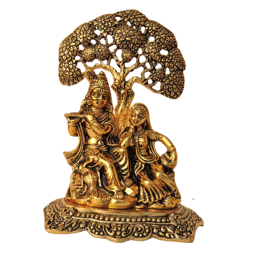 Handmade Golden Brass Radha Krishna Sitting Under Tree With Peacock in Unique Design from India