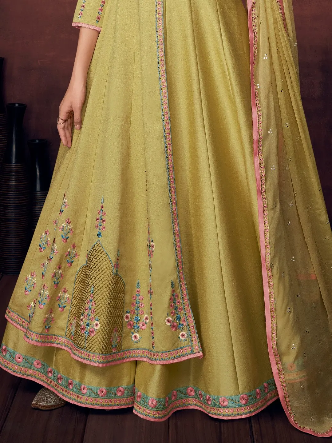 Stitched Silk Embroidered Anarkali Suit Set Traditional Woven Thread Work Handmade Handcrafted Parties Festivals Functions