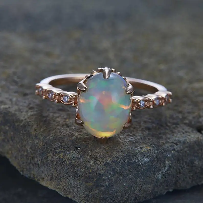 Fire Opal Engagement Ring Unique Art Deco 6-Prong Set Vintage Floral Bridal Wedding Band Silver Rose Gold Plated 925