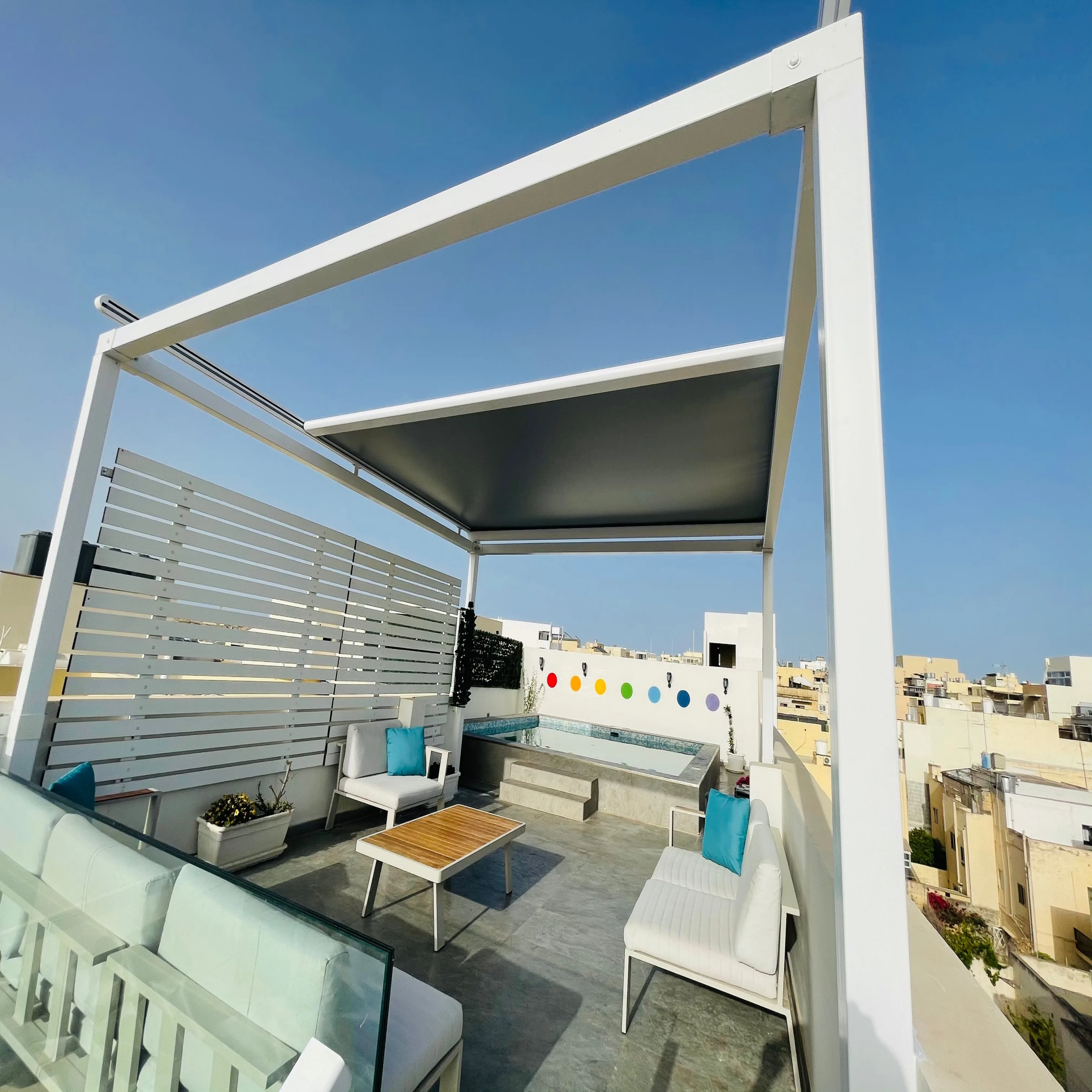 somfy motorized serge ferrari roof shade blackout fabric  skylight blind outdoor shade pergola for gazepo