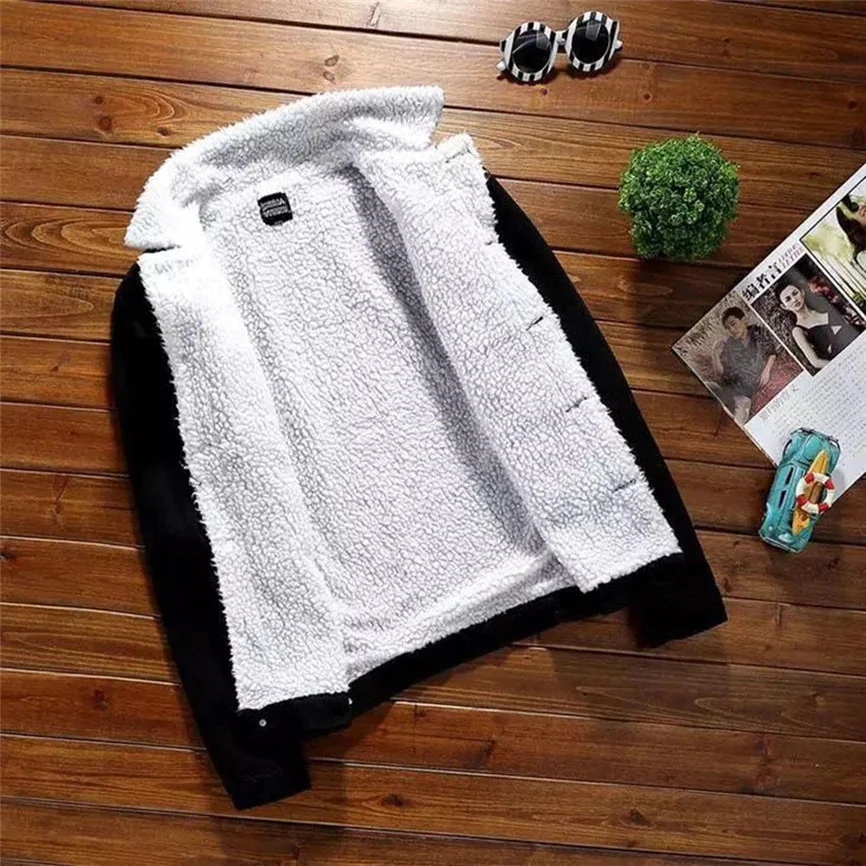 Men Winter slim fit Jacket Warm Denim Fur lining Collar Outwear Lined Jean Coat