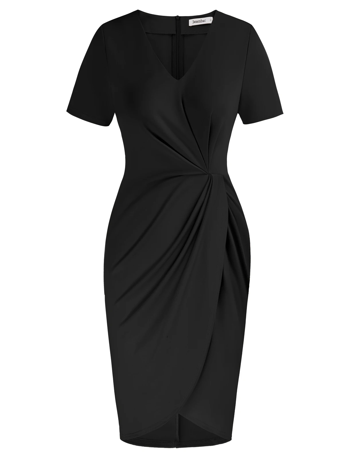 Saias Femininas OEM Ruched Front Dress Short Sleeve V-Neck Wrap Hem Bodycon Office Pleated Casual Dress