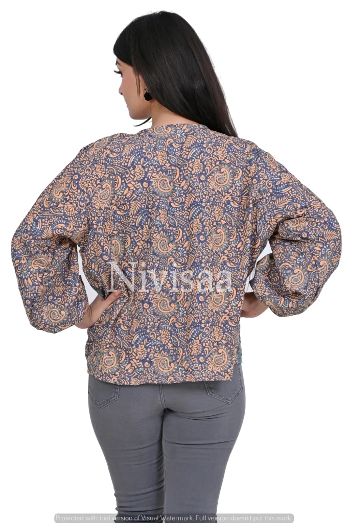Hot Selling Beautiful Bohemian Printed Viscose Silk Top Robe Closure Custom Long Sleeves Top for Women and Girls