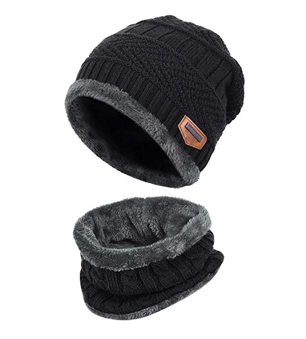 Wholesale Soft Acrylic Yarn Thick Knit Winter Slouchy Men Fleece Beanie Hat Scarf and