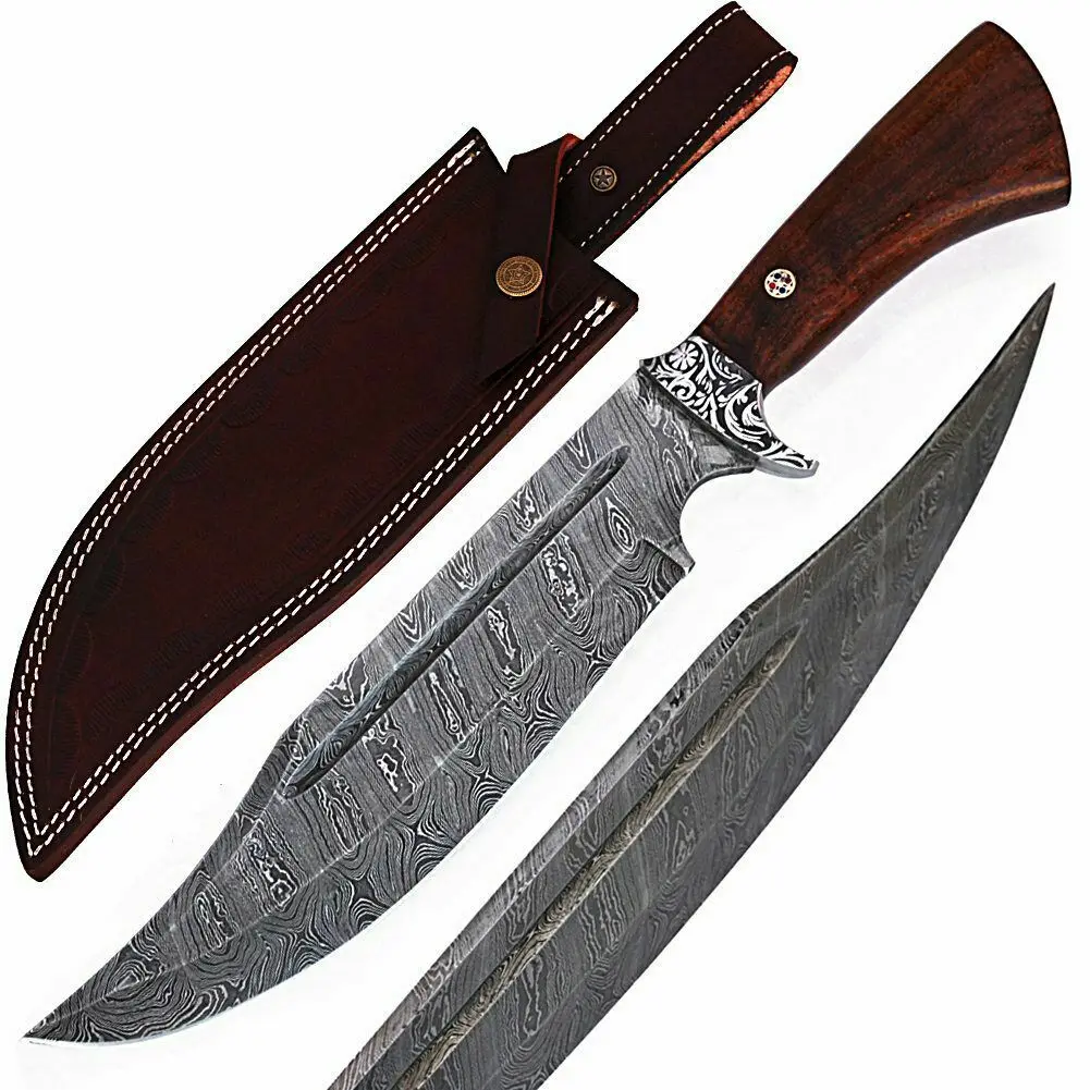 
 Нож дамасский для охоты и Боуи ручной работы с рукояткой из розового дерева  