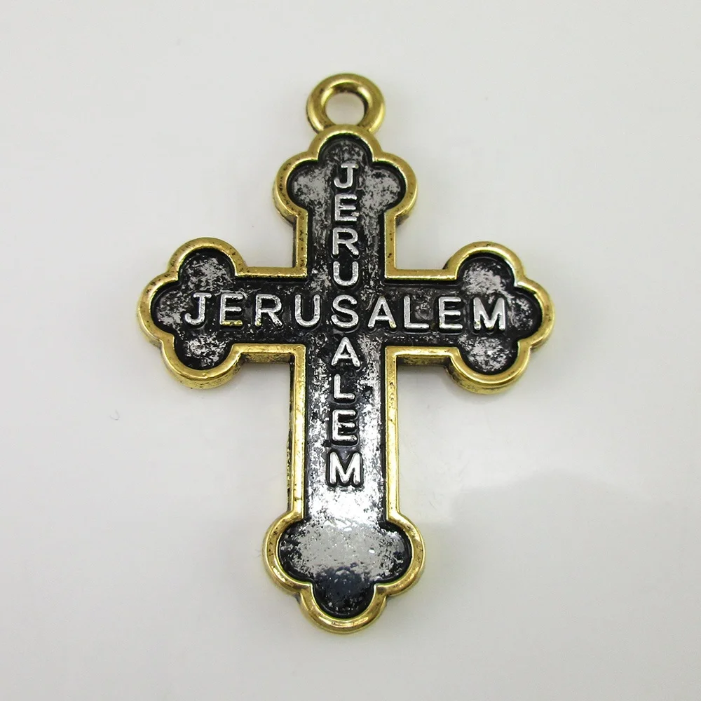 2020 Latest One-time Molded Two Tone Antique Gold and Silver Jerusalem Rosary Bracelet Cross