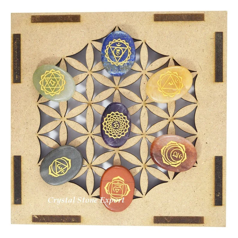 High Quality Chakra Platonic Solids Sacred Geometry Set With Tree Of Life Gift Box Wholesale Chakra Set Crystal Geometry Set