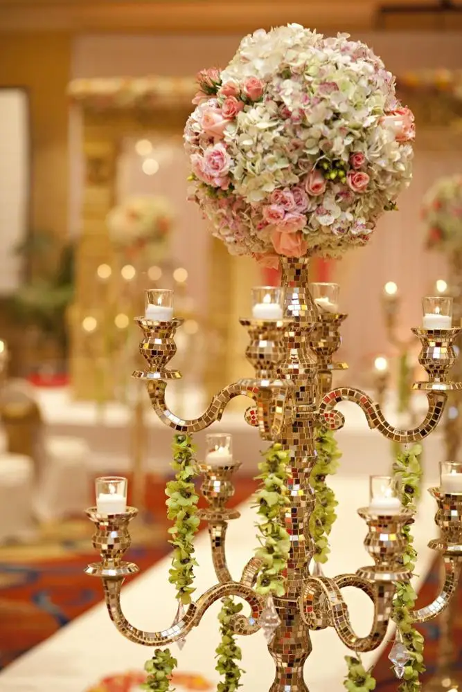 Shiny Golde & Silver Mosaic Candelabra Five Arms Candle Holder Tall Size Centerpiece For Tabletop Decorations Wedding & Home