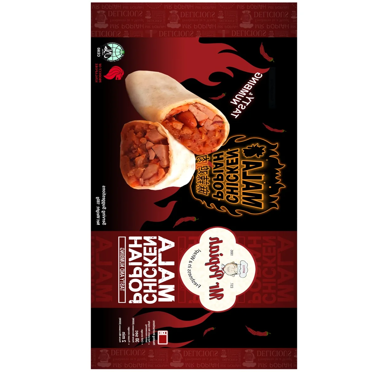 Singapore Best Quality 150g Adults Microwavable Wraps Ready to Eat Food Frozen Mala Chicken Wrap In Bag Packaging