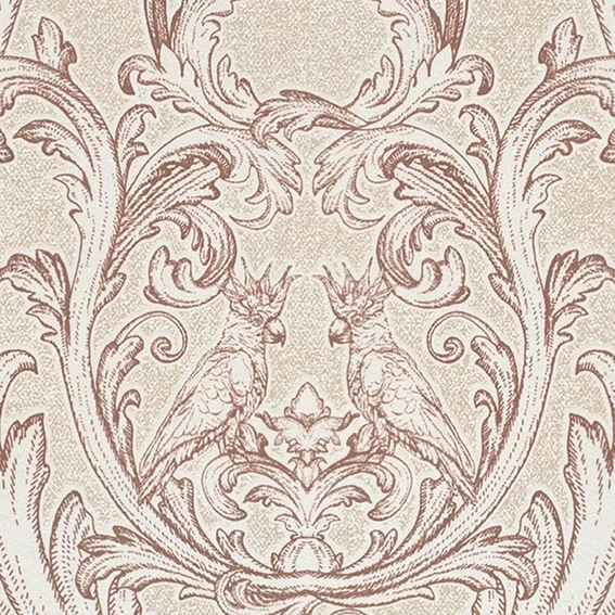 A chic wallpaper designed with a parrot nestled in a damask pattern.