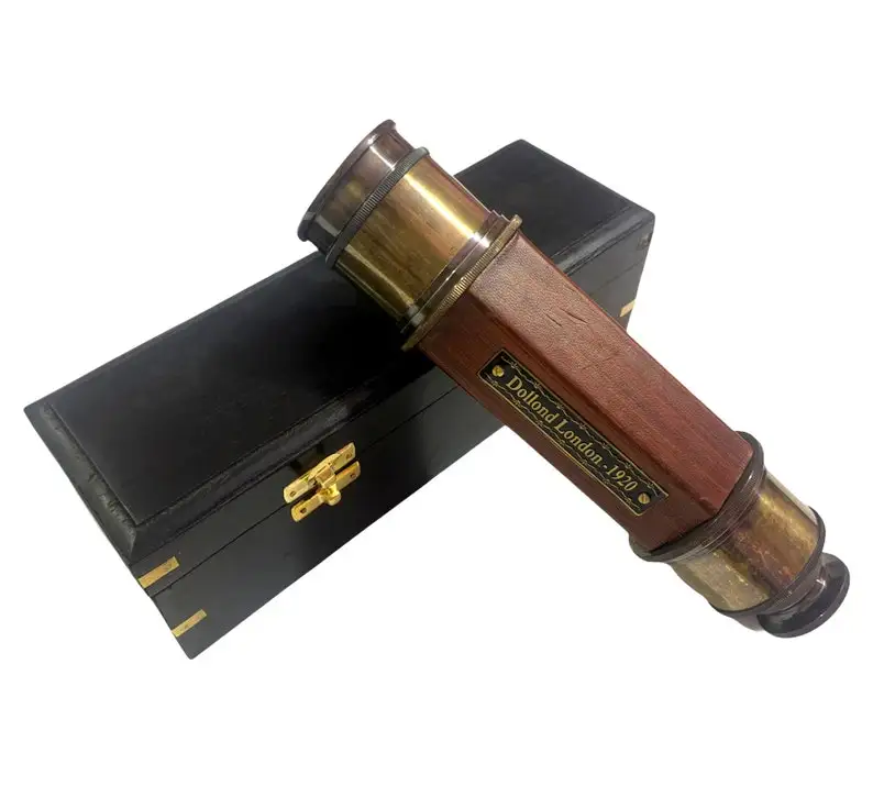 Nautical Telescope, Marine Brass & Leather Pirate Telescope, Spyglass Hexagon Shape Telescope with Wooden Box Telescope