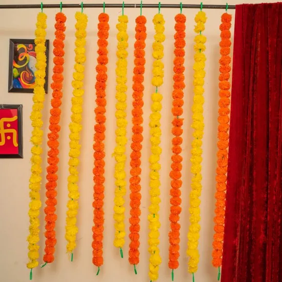 Hot Sale  Artificial Marigold flower garlands 5 ft long- yellow use in parties, celebrations, Indian weddings themed event