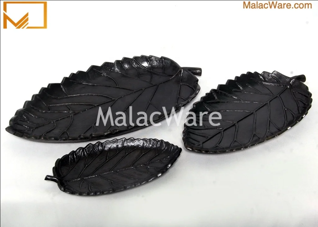 Leaf Shape  High Quality  Aluminum  Metal black plated Silver metal  leaf design hotel wedding usable decorative 3 platter set