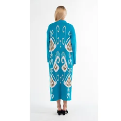 Модный женский длинный вязаный синий кардиган «икат» с принтом осень 2021