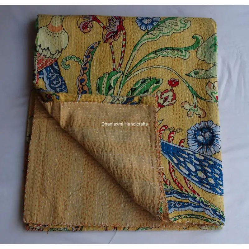 Новое индийское желтое покрывало Kantha с принтом птиц красивое домашнее украшение оптовая продажа Хлопковое одеяло ручной работы