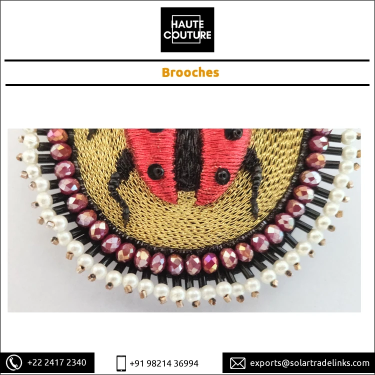 Genuine Quality Oval Shape Handmade Fashion Jewelry Thread Embroidered Red Lady Bug Beetle Brooch for Women from India