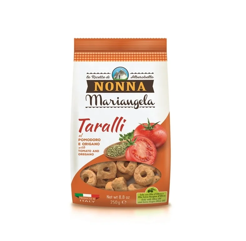Premium Quality Traditional italian Taralli - Savoury Snacks with Tomato & Oregano 250g pack, Grain snack aperitif, GDO, Horeca