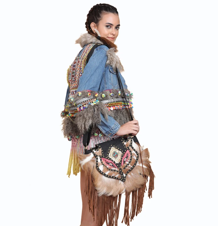 High Fashion Beaded Ethnic banjara Indian traditional natural goat fur crossbody Leather Sling Bag