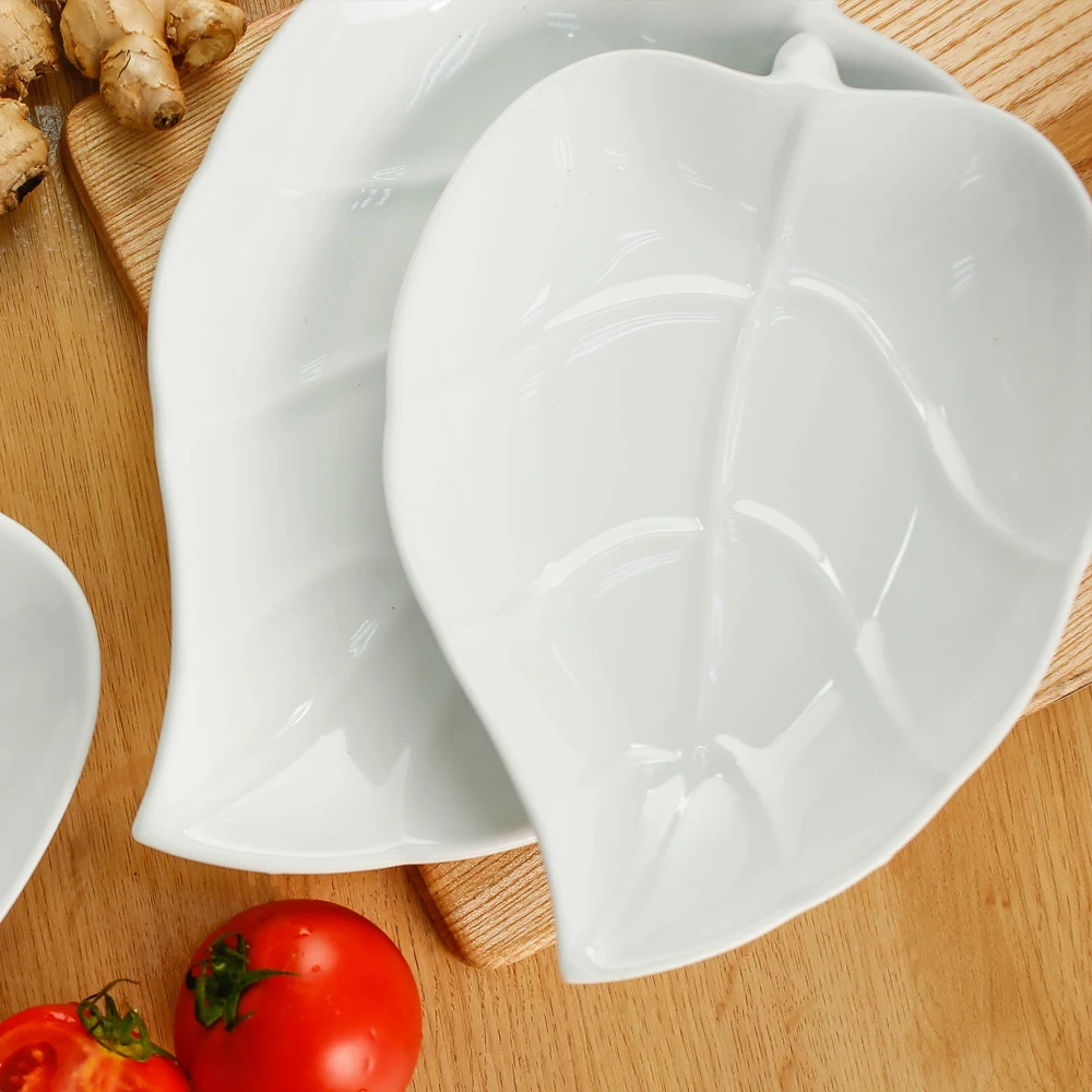 OEM Leaf-shaped white porcelain plate for vegetables and fruits in the buffet from Viet Nam wholesale manufacture