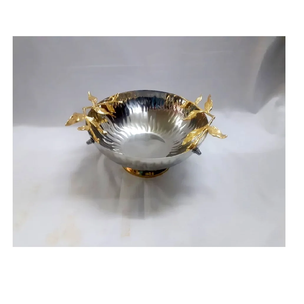 Modern Antique Polished Stainless Steel Two-Bowl Set with Brass Orchid Stem for Kitchenware or Dinnerware Tableware Use