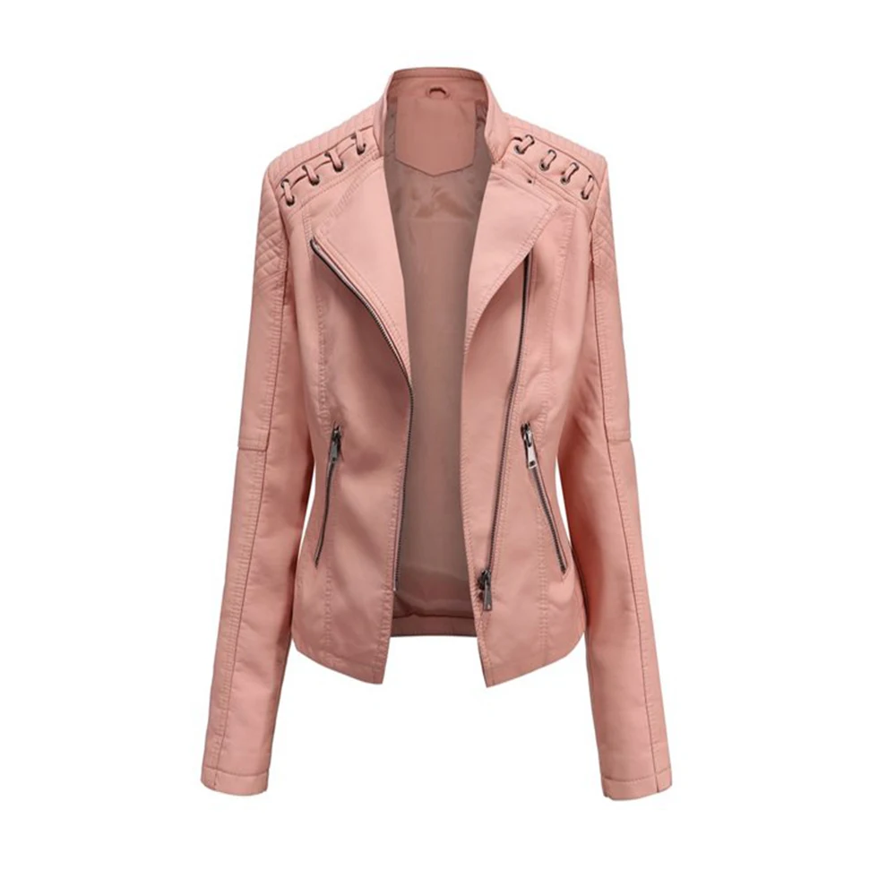 High Quality Women Faux Leather Jacket Long Sleeve Lapel Zip Up Short Coat with Pockets