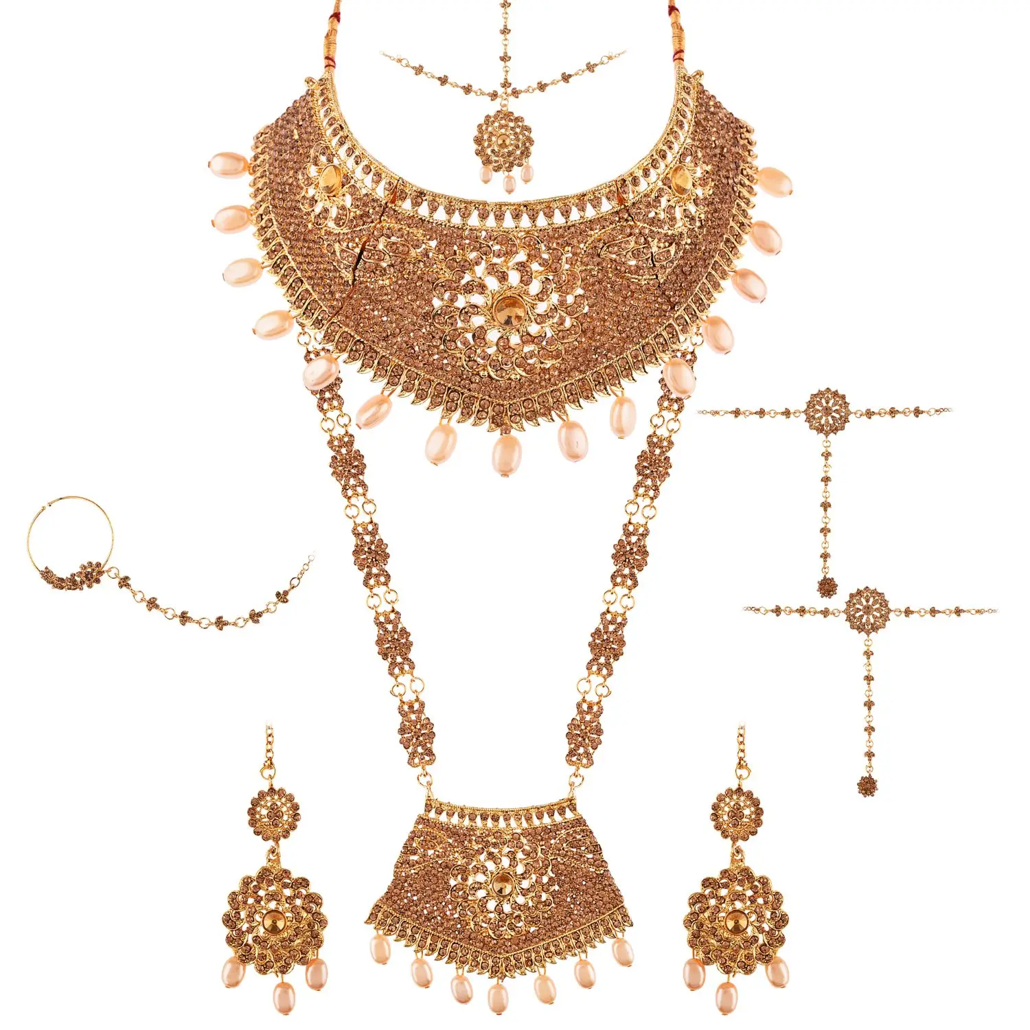 Indian Bollywood Bridal Wedding Rhinestone Necklace Earring Maang Tikka Head Chain Nose Ring Bracelet Jewelry Set