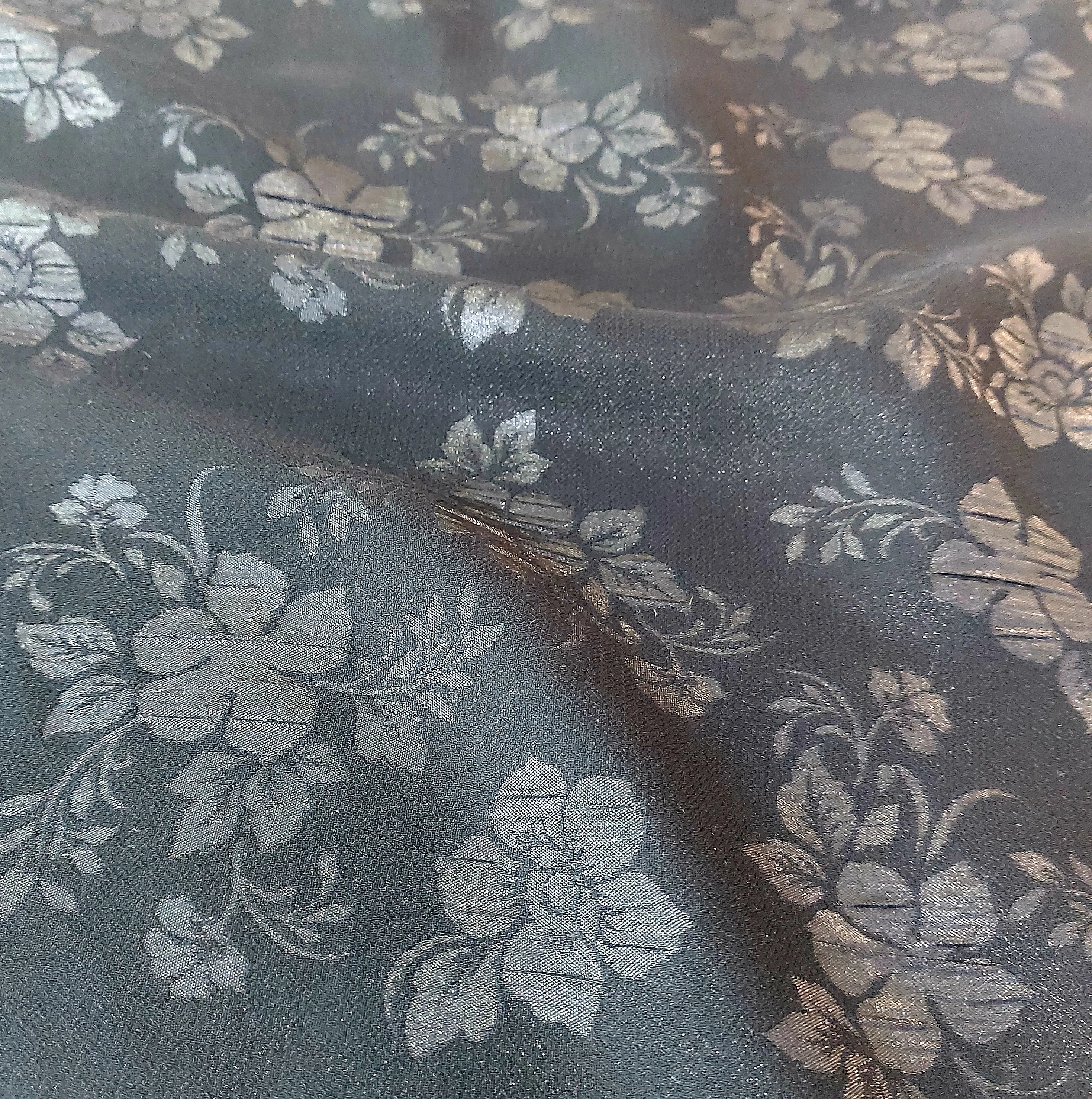 Jacquard Formal Black Fabric With Flocking Shiny Silver Metallic Floral Pattern For Muslim Women Long Dress Abaya #H138D