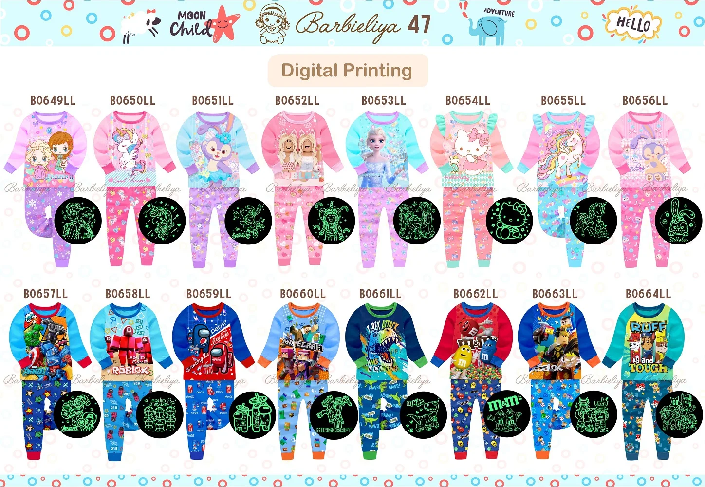 2 PCs Designer Children Girls princess Nightwear Sleep Wear glow in the dark kids pajamas