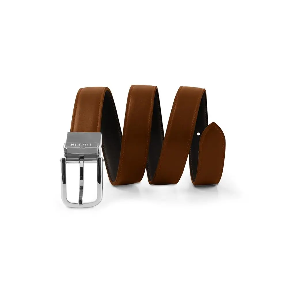 Men Reversible Classic Dress Belt Italian Top Grain Leather Black With Brown Rotating Buckle