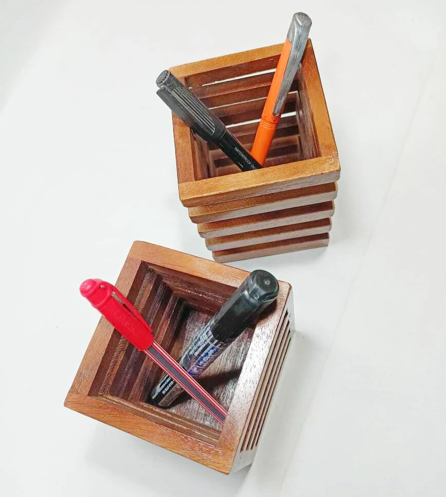 New Decorative  Cheap Price Wooden Pen Holder Square Wood Joint Design Your Multipurpose Desk Organizing from Indian Supplier