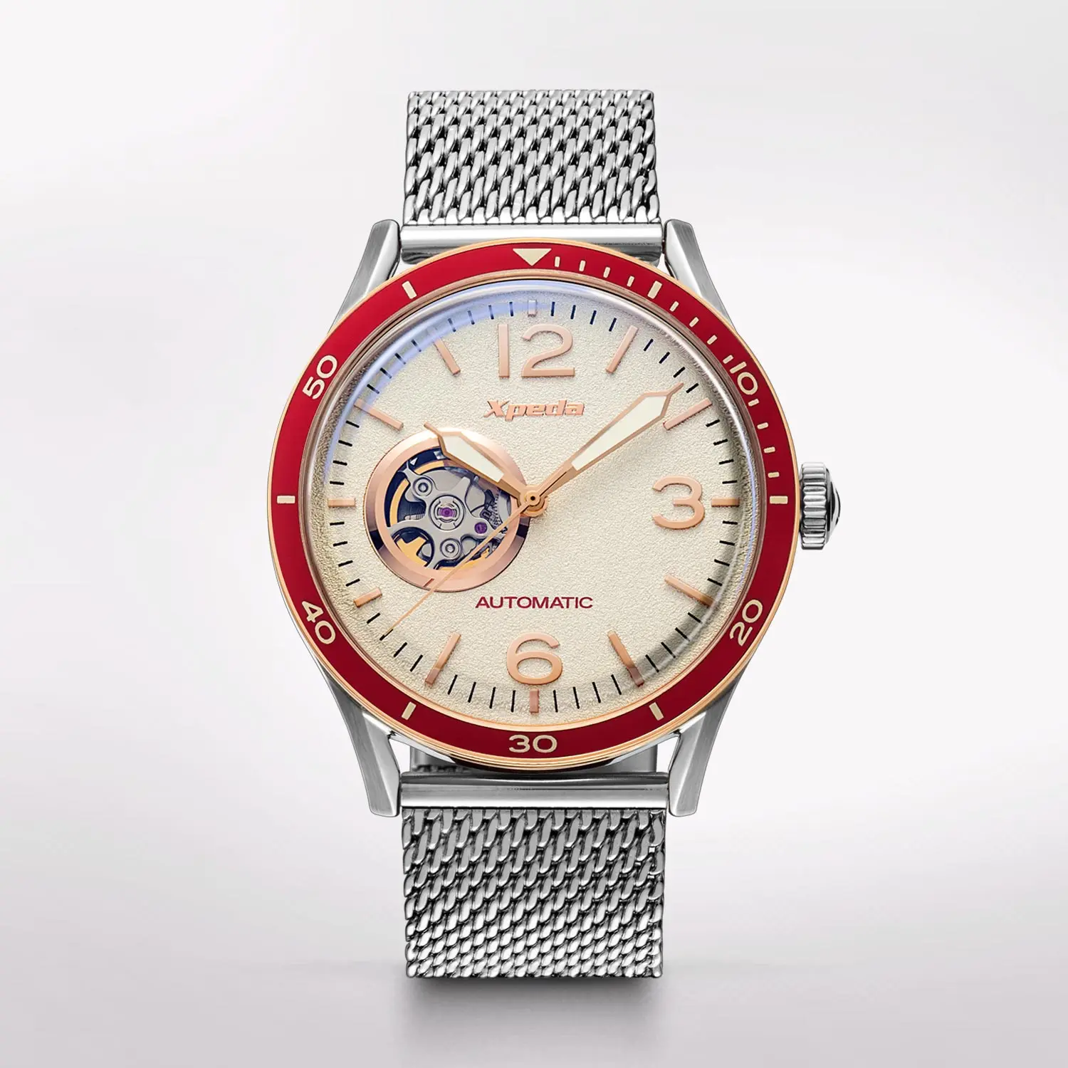 TC807C2 hot sales stainless steel automatic mechanical 5 ATM  waterproof mesh bracelet curved lens pilot watches men wrist