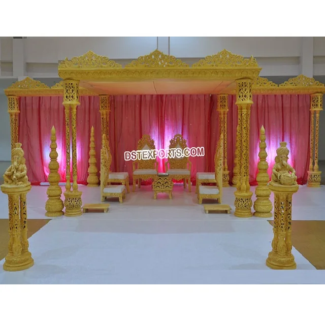 Best Traditional Indian Wedding Mandap Design with Arch Shape Square and Triple Pillars Trending Pipe and Drape Decorations