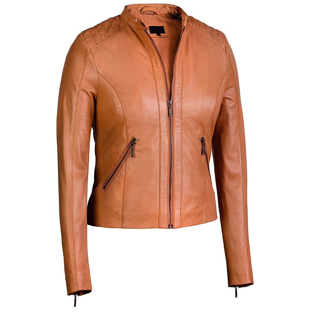 
Fashion Polo Neck Wholesale Pure Leather Women Jacket 